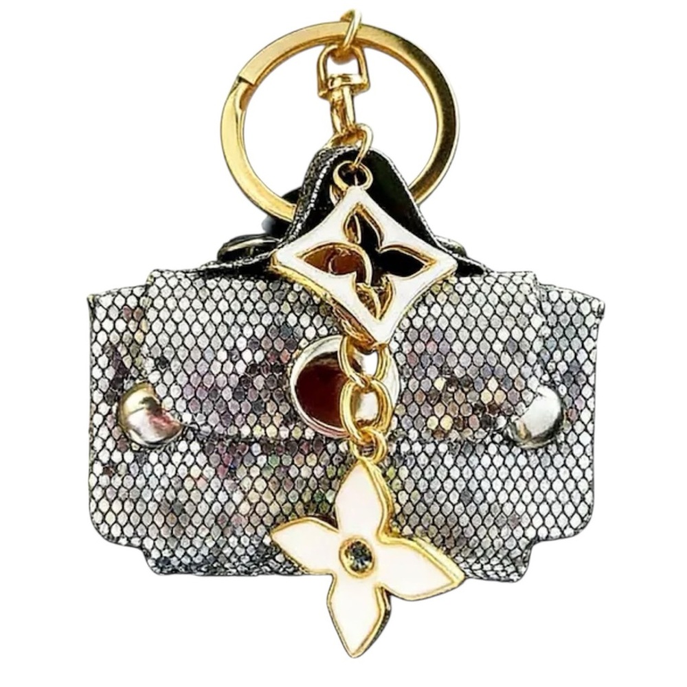 Designer-Style Silver Glitter Purse Keychain with Gold Accents